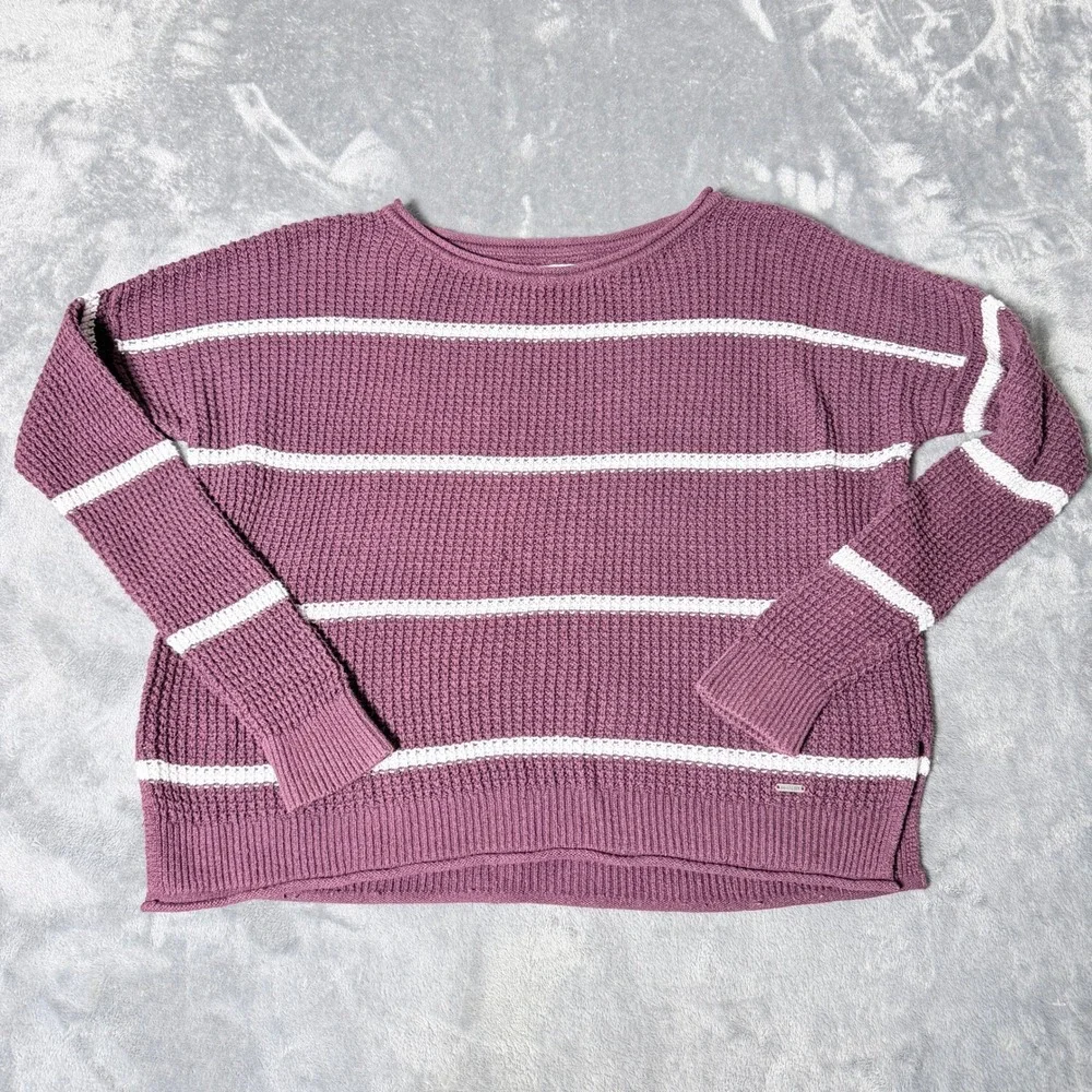 Hollister Womens Small Waffle Knit Striped Sweater Maroon White Pullover